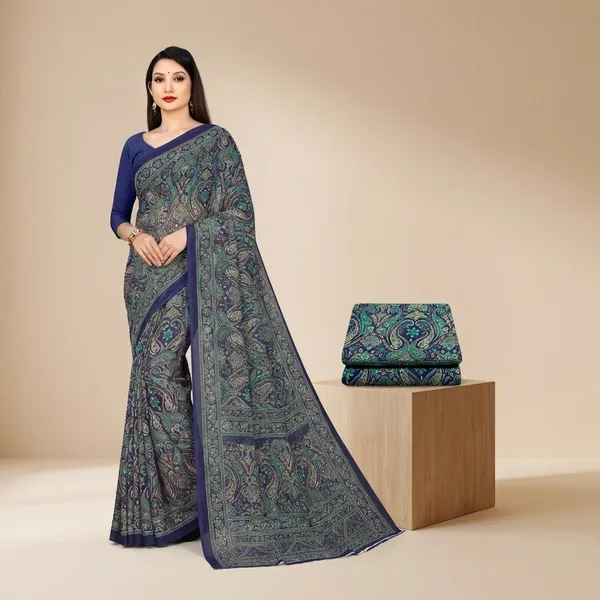 Blue_Ethnic_Crepe_Unstiched_Printed_Saree_And_Salwar_Suit_Set_With_Paisley_Print