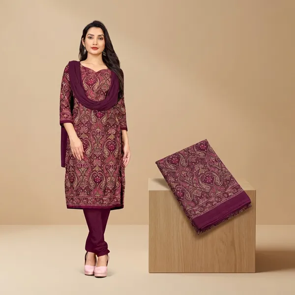 Unstitched_Wine_Printed_Crepe__Saree_And_Salwar_Suit_Combo
