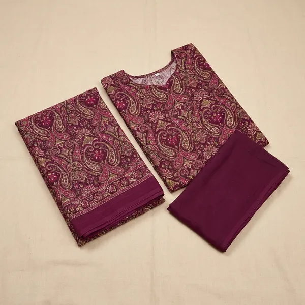 Unstitched_Wine_Printed_Crepe__Saree_And_Salwar_Suit_Combo