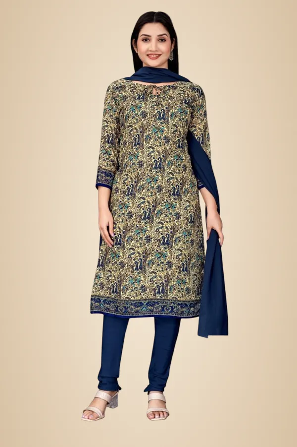 Beige_And_Navy_Blue_Soft_Crepe_Unstiched_Kurta_Set_With_Dupatta