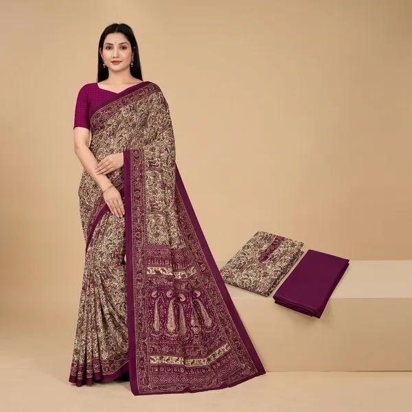 Unstitched_Wine_Designer_Crepe__Saree_And_Salwar_Suit_Combo_Set