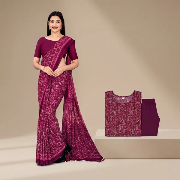 Unstitched_Wine_Crepe__Floral_Print_Saree_And_Salwar_Suit_Combo_Set