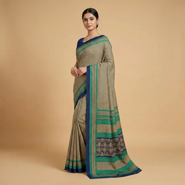 Unstitched_Beige_And_Navy_Blue_Printed_Soft_Crepe_Unstiched_Saree_With_Border_(Saree-5_M,_Blouse-_0.8_M)
