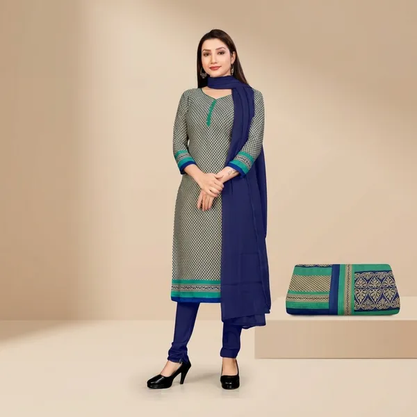 Unstitched_Unstitched_Beige_And_Blue_Crepe__Salwar_Suit_And_Saree_Combo_With_Blue_Border