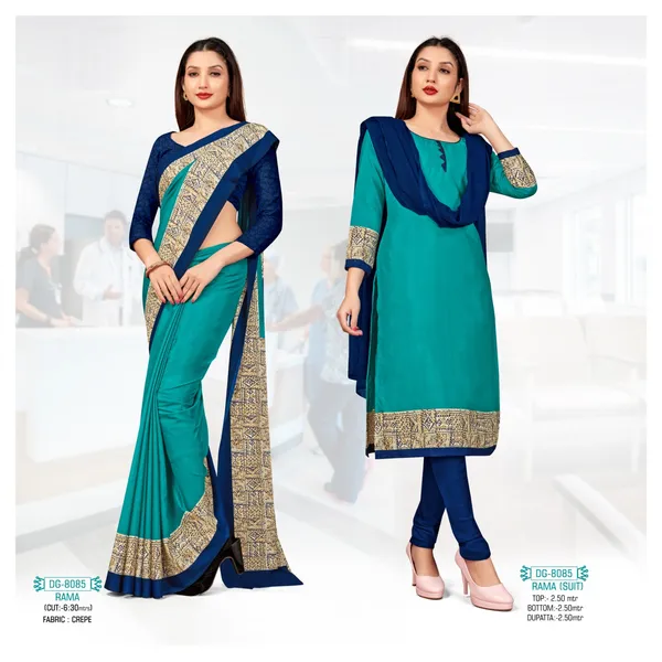 Unstitched_Teal_Blue_And_Blue_Crepe__Saree_And_Salwar_Suit_Combo_For_Women