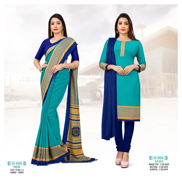 Unstitched_Turquoise_Blue_And_Navy_Blue_Crepe__Ethnic_Combo_Saree_With_Border_And_Matching_Salwar_Suit_Set