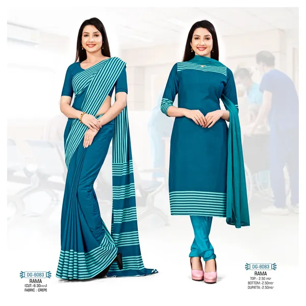 Unstitched_Teal_Blue_Crepe__Saree_And_Salwar_Suit_Combo_With_White_Stripes