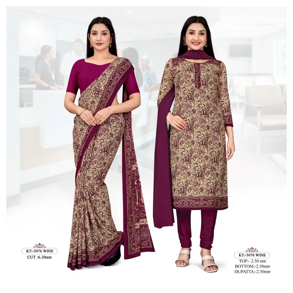 Unstitched_Wine_Designer_Crepe__Saree_And_Salwar_Suit_Combo_Set