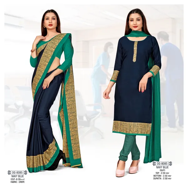 Unstitched_Navy_Blue_And_Gold_Crepe__Saree_And_Salwar_Suit_Combo_With_Gold_Border