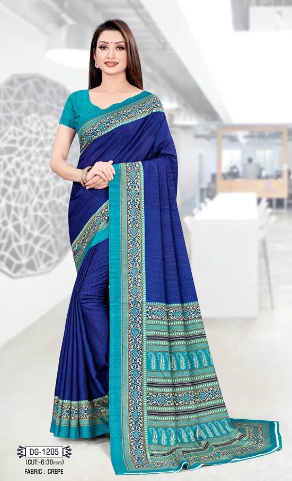 Royal_Blue_Crepe_Unstiched_Crepe_Saree_With_Turquoise_Border