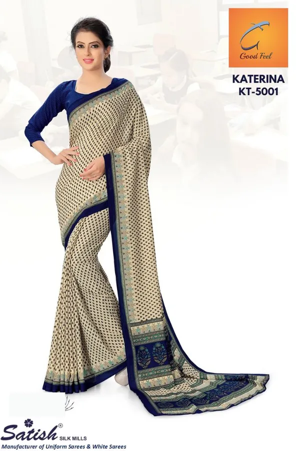 Beige_And_Blue_Suit_Set_Printed_Saree_With_Blouse