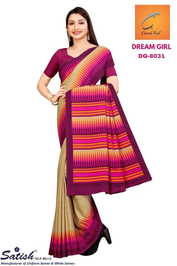 Beige_And_Pink_Crepe_Unstiched_Printed_Saree_Pattern_Saree_With_Blouse