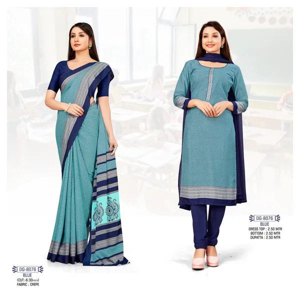 Unstitched_Blue_Printed_Crepe__Saree_And_Dress_Material_Combo_Set