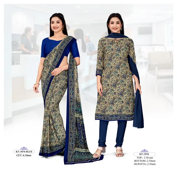 Beige_And_Blue_Crepe_Unstiched_Kalamkari_Print_Saree_And_Salwar_Suit_Set