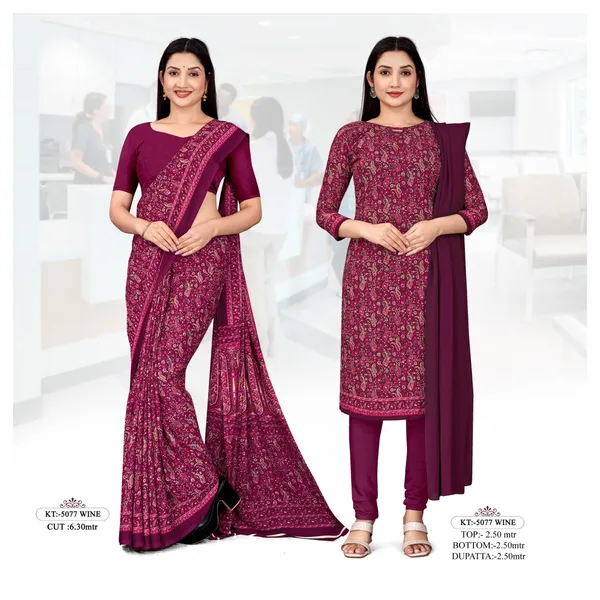 Unstitched_Wine_Crepe__Floral_Print_Saree_And_Salwar_Suit_Combo_Set