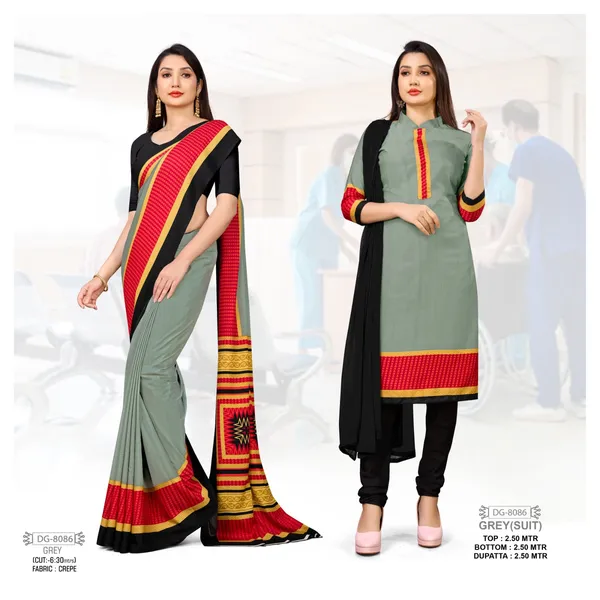 Unstitched_Grey_And_Red_Crepe__Suit_Set_With_Matching_Saree_-_Combo_Pack