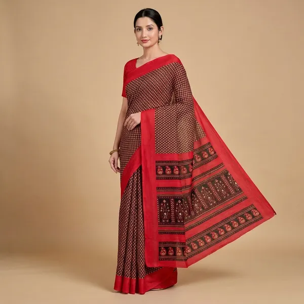 Red_Chiffon_Crepe_Unstiched_Printed_Saree_With_Red_Border_And_Pallu