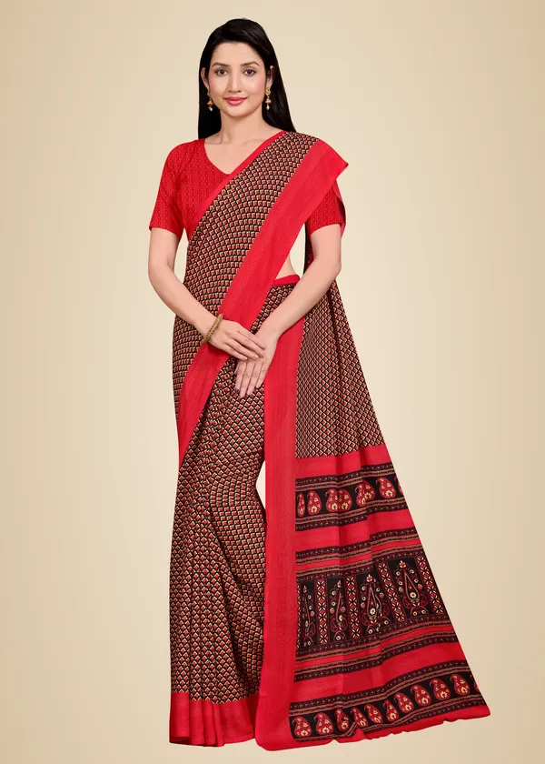 Red_Chiffon_Crepe_Unstiched_Printed_Saree_With_Red_Border_And_Pallu