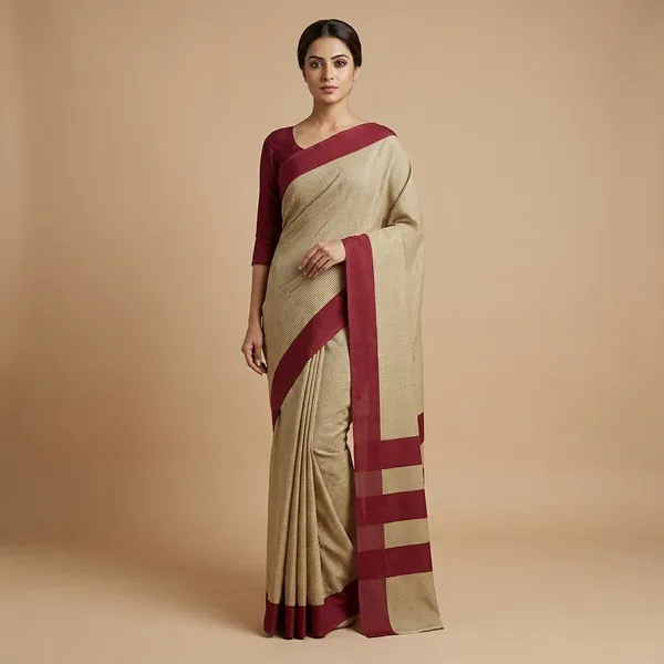 Unstitched_Beige_And_Maroon_Chiffon_Crepe_Unstiched_Saree_With_Checkered_Pattern_(Saree-5_M,_Blouse-_0.8_M)