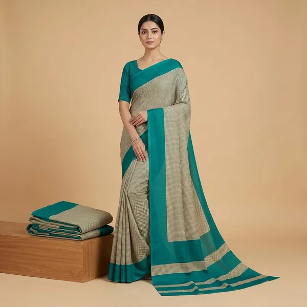 Beige_And_Teal_Blue_Chiffon_Crepe_Unstiched_Printed_Saree_With_Contrast_Border
