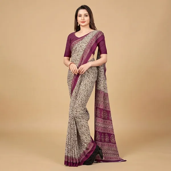 Wine_Chiffon_Crepe_Unstiched_Floral_Print_Saree