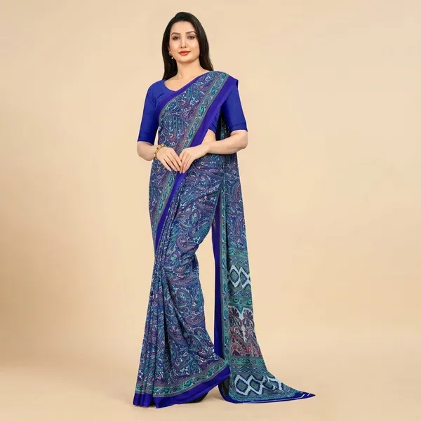 Blue_Chiffon_Crepe_Unstiched_Printed_Saree_With_Royal_Blue_Blouse