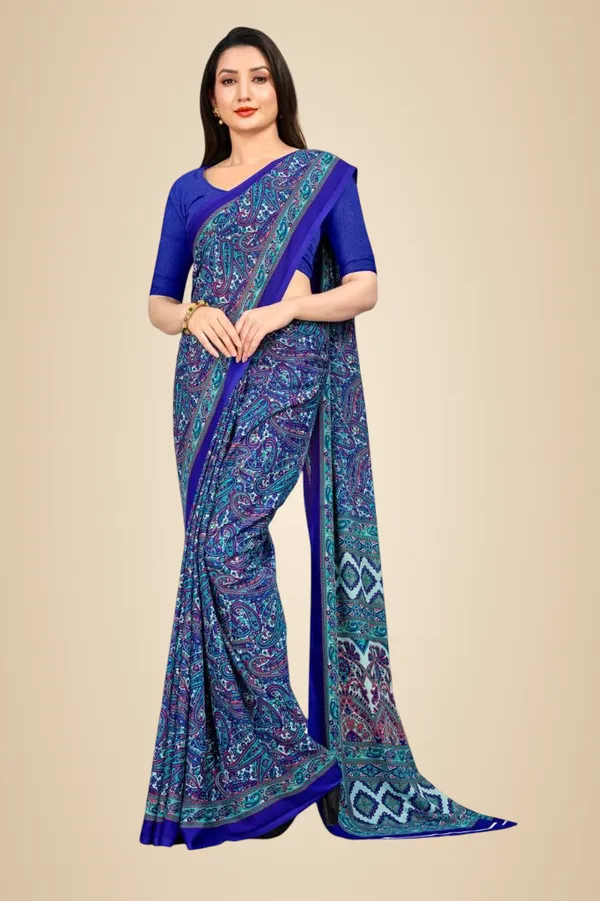 Blue_Chiffon_Crepe_Unstiched_Printed_Saree_With_Royal_Blue_Blouse