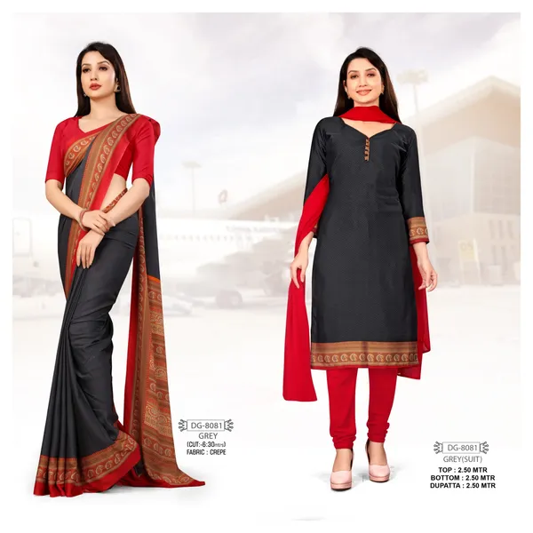 Unstitched_Grey_And_Red_Crepe__Saree_With_Red_Blouse_And_Matching_Churidar_Set_Combo