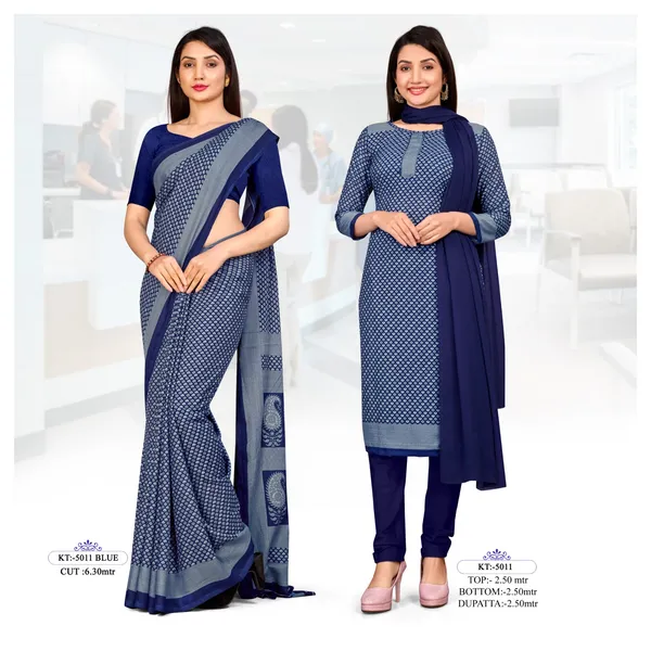 Unstitched_Navy_Blue_Crepe__Printed_Saree_And_Salwar_Suit_Combo_Set