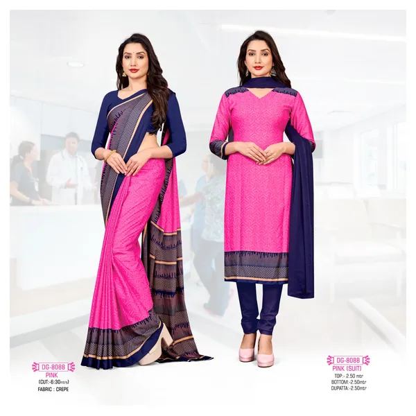 Unstitched_Pink_And_Blue_Ethnic_Crepe__Combo_Saree_With_Salwar_Suit_Set