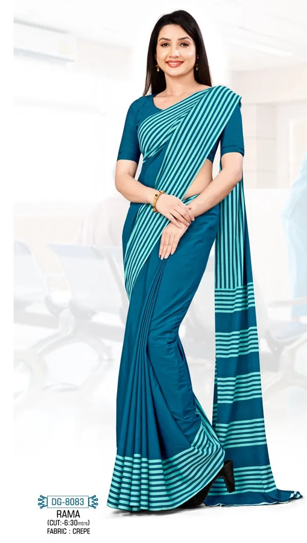 Unstitched_Teal_Blue_Crepe__Saree_And_Salwar_Suit_Combo_With_White_Stripes