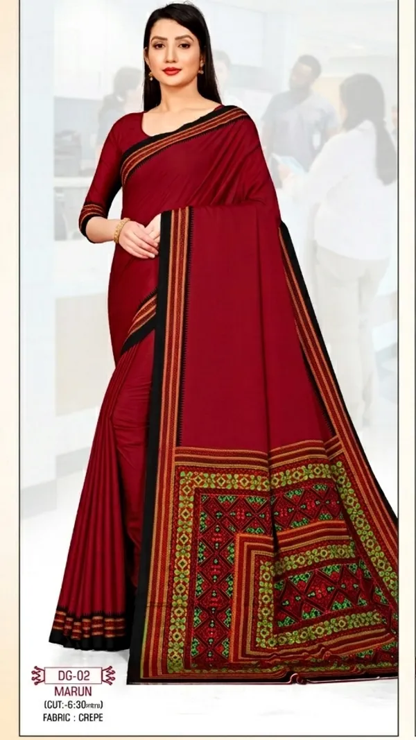 Maroon_And_Black_Crepe_Unstiched_Printed_Saree_With_Unstitched_Blouse_Piece_And_Suit_Set_With_Dupatta