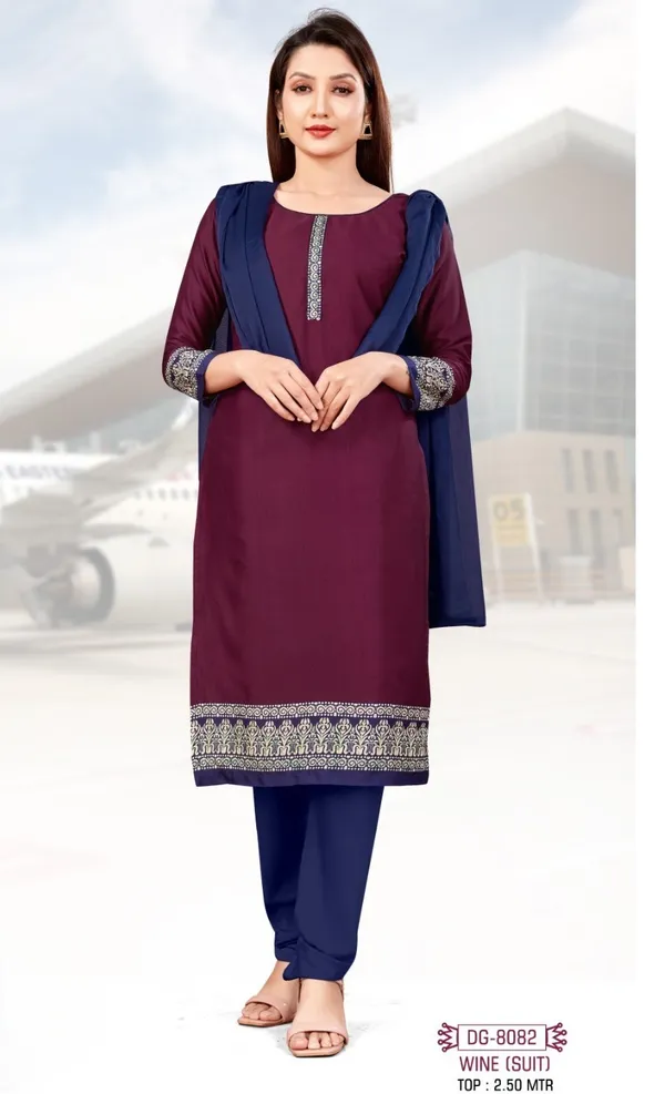 Unstitched_Wine_And_Blue_Crepe_Unstiched_Saree_And_Suit_Set_For_Airline_Crew_(Saree-5_M,_Blouse-_0.8_M)
