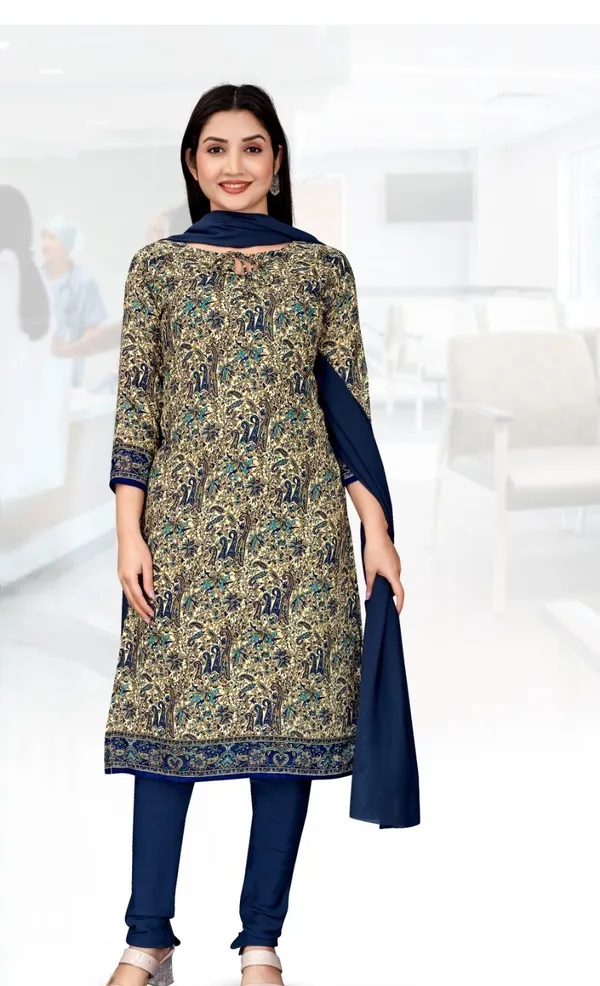Beige_And_Blue_Crepe_Unstiched_Kalamkari_Print_Saree_And_Salwar_Suit_Set