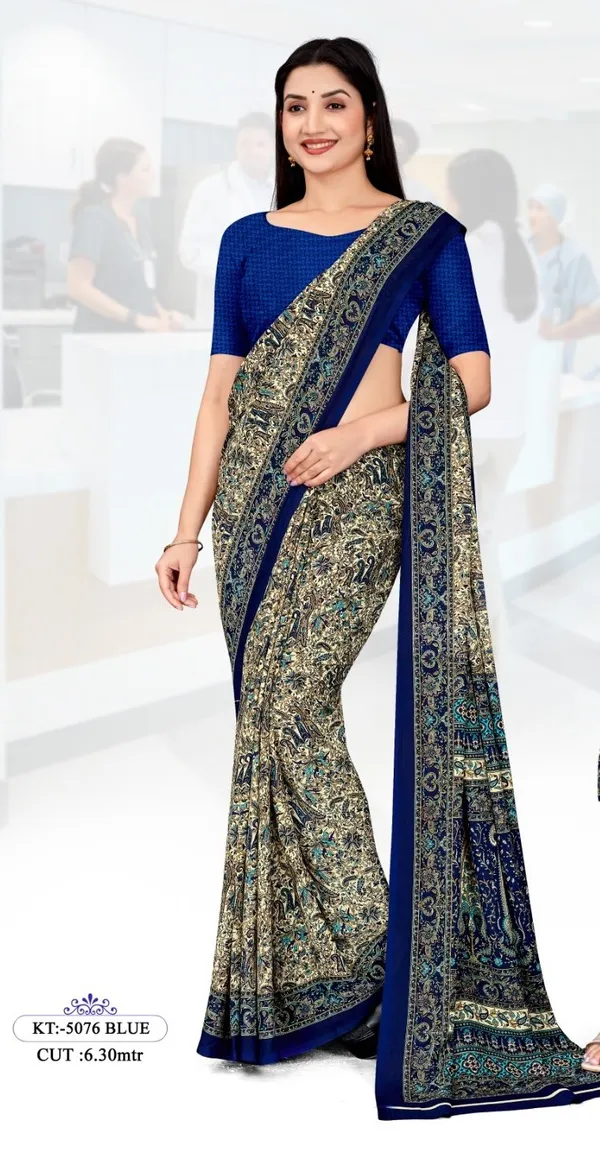 Beige_And_Blue_Crepe_Unstiched_Kalamkari_Print_Saree_And_Salwar_Suit_Set