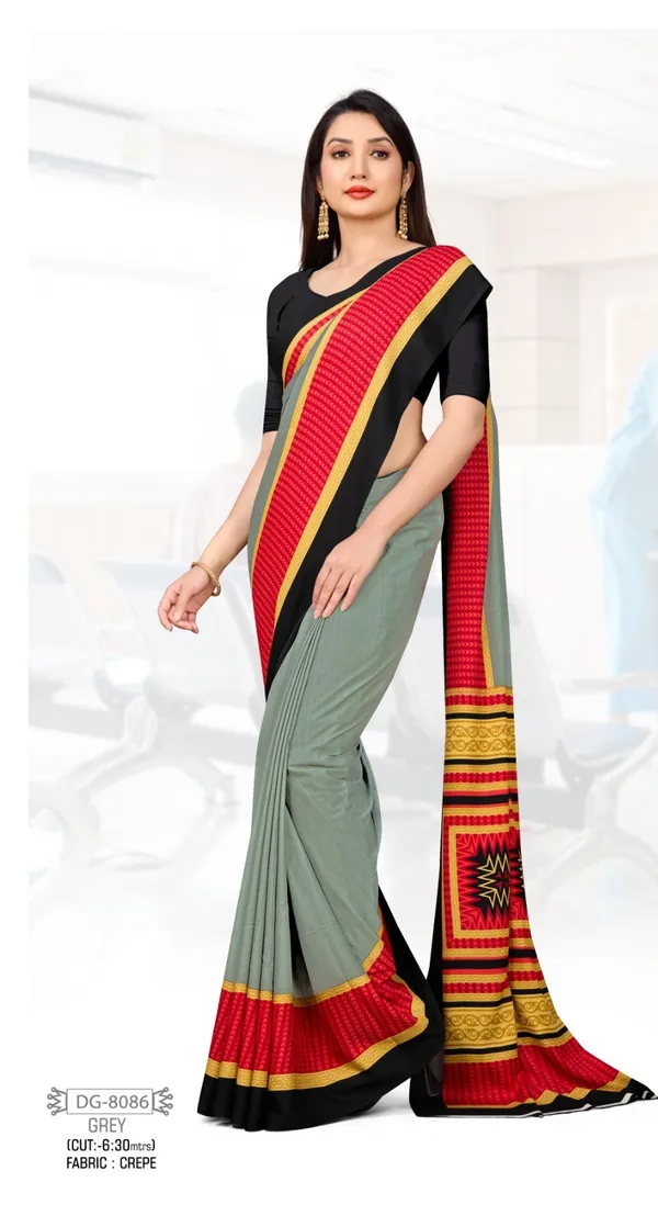 Unstitched_Grey_And_Red_Crepe__Suit_Set_With_Matching_Saree_-_Combo_Pack