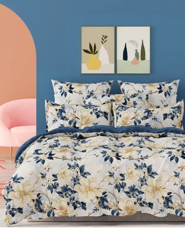 White_Blue_Premium_Cotton_Double_Bed_Bed_Sheet_With_Pillow_Cover