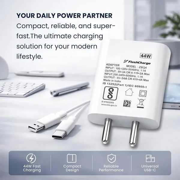 White_Flashcharge_44W_Fast_Charging_Adapter_With_Usbc_Cable_Bis_Certified
