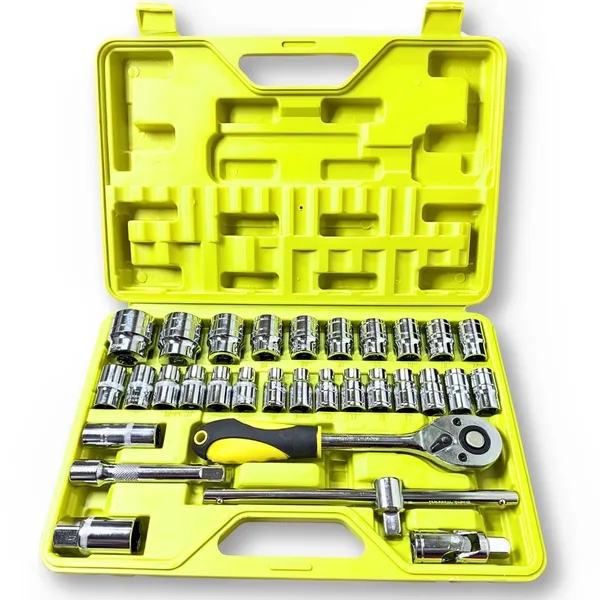 Ziodic_32Pcs_Heavy_1/2"_Inch_Combinational_Ratchet_Socket_Wrench_Spannar_Tool_Goti_Set_With_Carry_Box_For_Automobiles/Bike/Car_Repair_Tool_Kit_Socket_Set_(Pack_Of_32)_((Heavy_Quality)_(Yellow_Box))