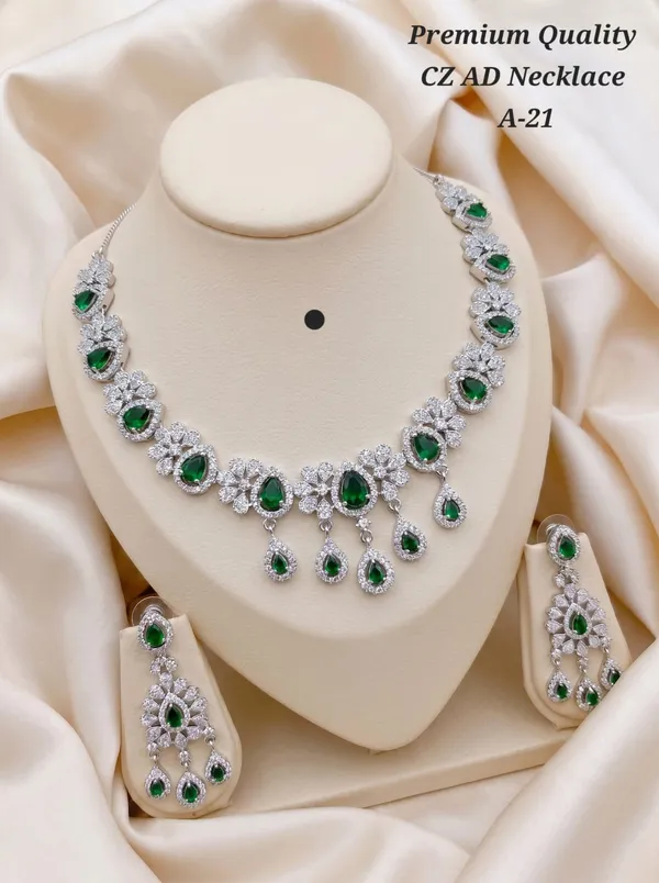 Premium_Quality_AD_Necklace_With_Earrings_Gree_Color