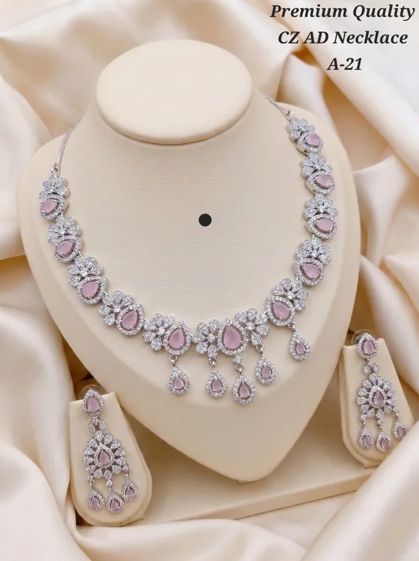 Premium_Quality_AD_Necklace_With_Earrings_Pink_Color
