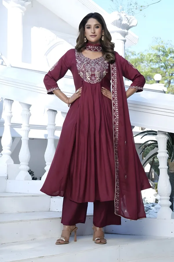 Maroon_Modal_Silk_Anarkali_Suit_Set_For_Women
