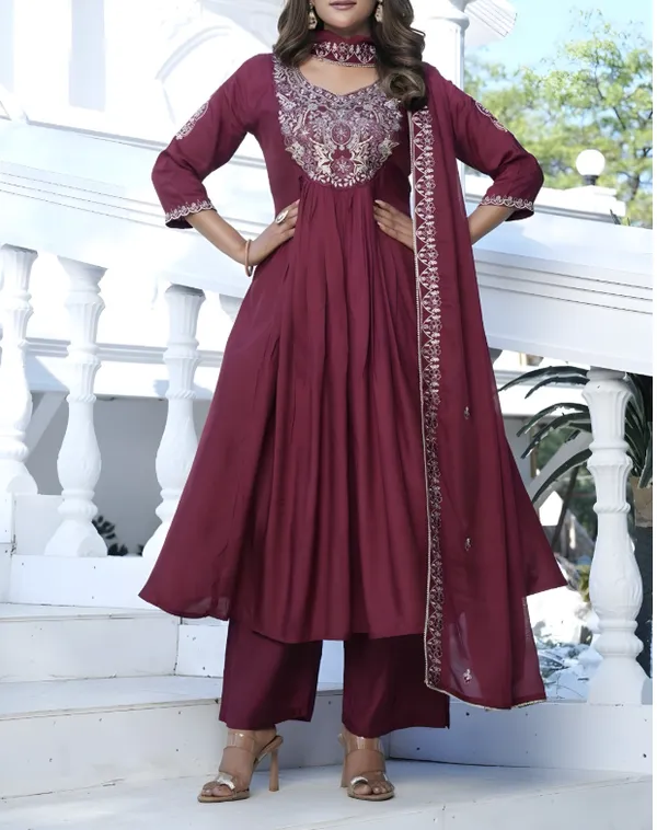 Maroon_Modal_Silk_Anarkali_Suit_Set_For_Women
