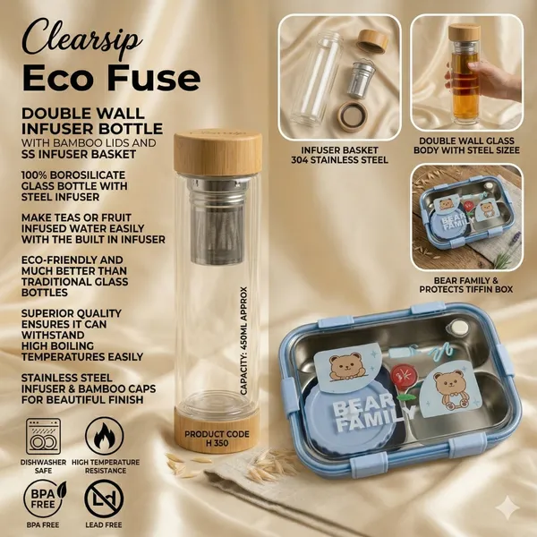 Blue_And_White_And_Beige_Stainless_Steel_And_Plastic_Bear_Family_Koi_Koi_Kawai_3_Containers_Stainless_Steel_School_Lunch_Box_And_H350_Clearship_Eco_Fused_Double_Wall_Infuser_Glass_Bottle_With_Lids_And_Ss_Infuser_Basket_Capacity_450Ml_Approx