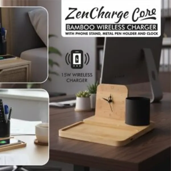 Light_Brown_Bamboo_And_Metal_And_Plastic_C209_Zencharge_Core_Bamboo_Wireless_Charger_With_Phone_Stand_Metal_Pen_Holder_And_Clock_15W_Wireless_Charger