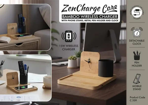 Light_Brown_Bamboo_And_Metal_And_Plastic_C209_Zencharge_Core_Bamboo_Wireless_Charger_With_Phone_Stand_Metal_Pen_Holder_And_Clock_15W_Wireless_Charger