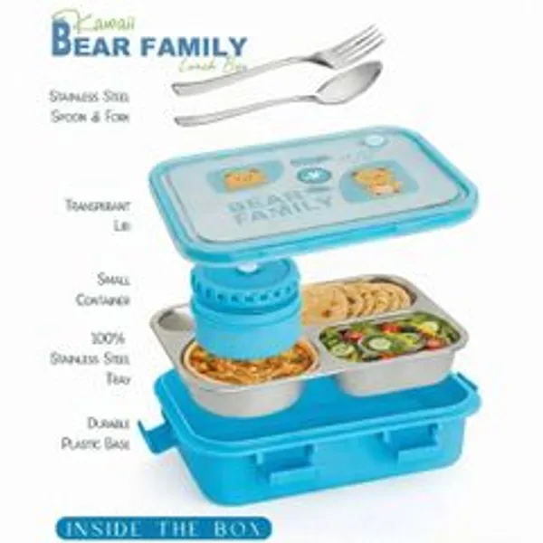 Blue_And_White_And_Beige_Stainless_Steel_And_Plastic_Bear_Family_Koi_Koi_Kawai_3_Containers_Stainless_Steel_School_Lunch_Box_And_H350_Clearship_Eco_Fused_Double_Wall_Infuser_Glass_Bottle_With_Lids_And_Ss_Infuser_Basket_Capacity_450Ml_Approx