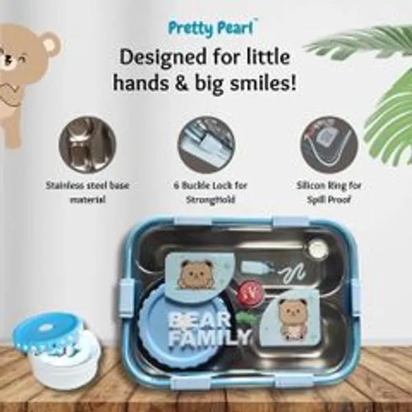 Blue_And_White_And_Beige_Stainless_Steel_And_Plastic_Bear_Family_Koi_Koi_Kawai_3_Containers_Stainless_Steel_School_Lunch_Box_And_H350_Clearship_Eco_Fused_Double_Wall_Infuser_Glass_Bottle_With_Lids_And_Ss_Infuser_Basket_Capacity_450Ml_Approx