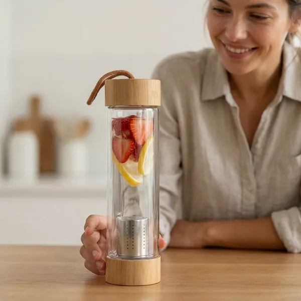 White_And_Beige_Glass_And_Bamboo_And_Stainless_Steel_H350_Clearship_Eco_Fused_Double_Wall_Infuser_And_Ss_Infuser_Basket_Capacity_450Ml_Approx_Glass_Bottle_With_Lids