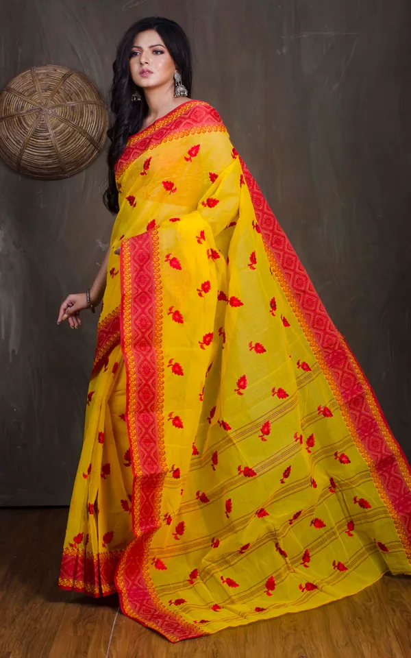 Bengal_Handloom_Cotton_Saree_With_Leaf_Motif_Embroidery_Work_In_Yellow_And_Red